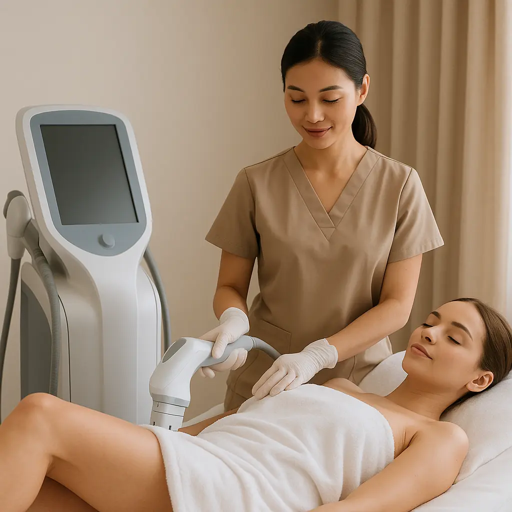 Esthetician performing non-invasive Ultraformer treatment on a woman in a spa treatment room