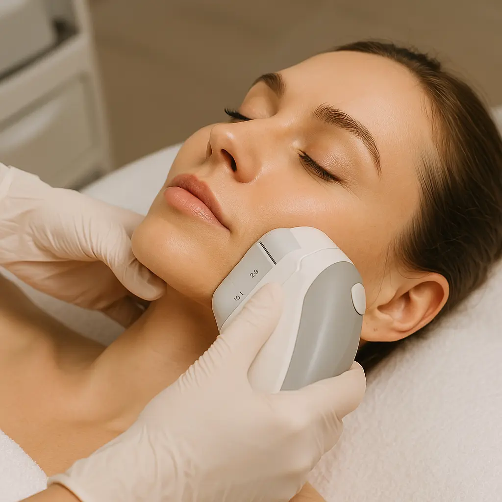 Esthetician performing non-invasive Ultraformer III treatment on client’s cheeks in a professional spa setting
