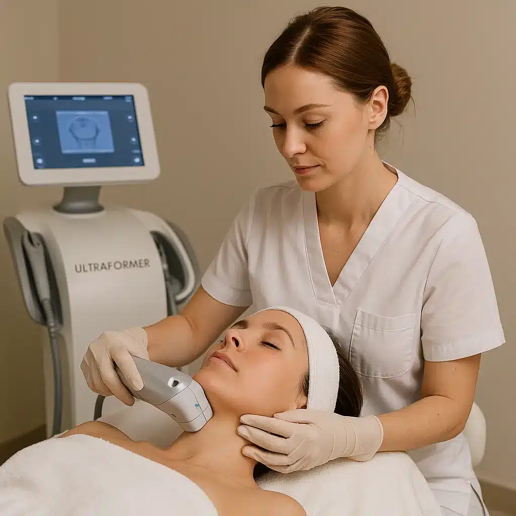 Esthetician performing Ultraformer III HIFU treatment on client's jawline to reduce double chin and tighten skin in a spa setting