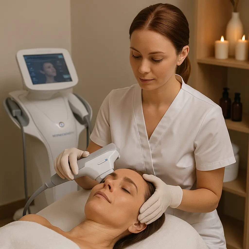 Esthetician performing Ultraformer III forehead treatment to lift brow and tighten upper face in a spa setting