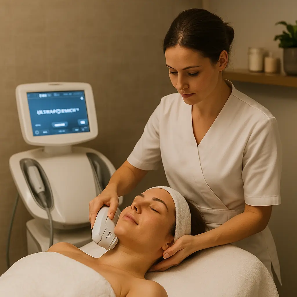 Esthetician performing Ultraformer III full face and double chin HIFU treatment on client in a spa setting for facial lifting and contouring