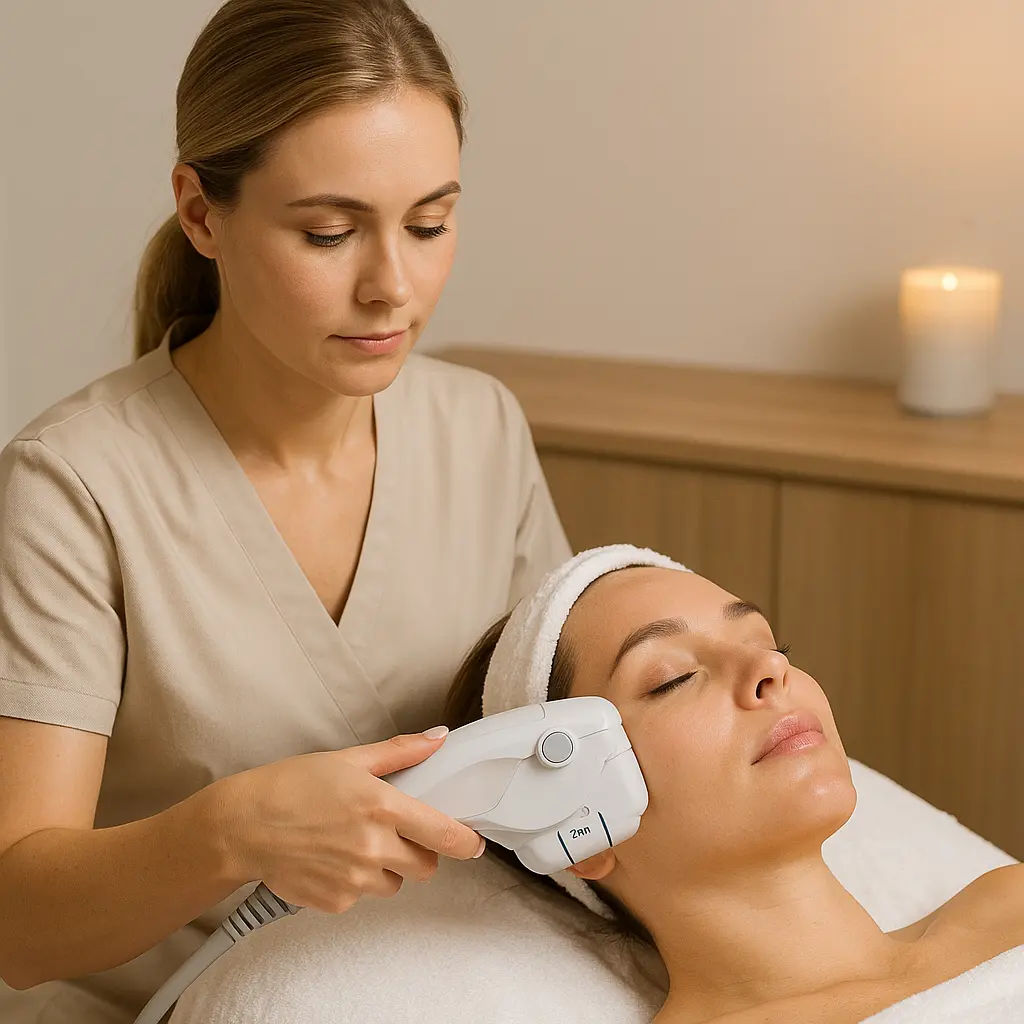 Esthetician performing Ultraformer III full face HIFU treatment to lift and contour skin in a calm, spa-like environment