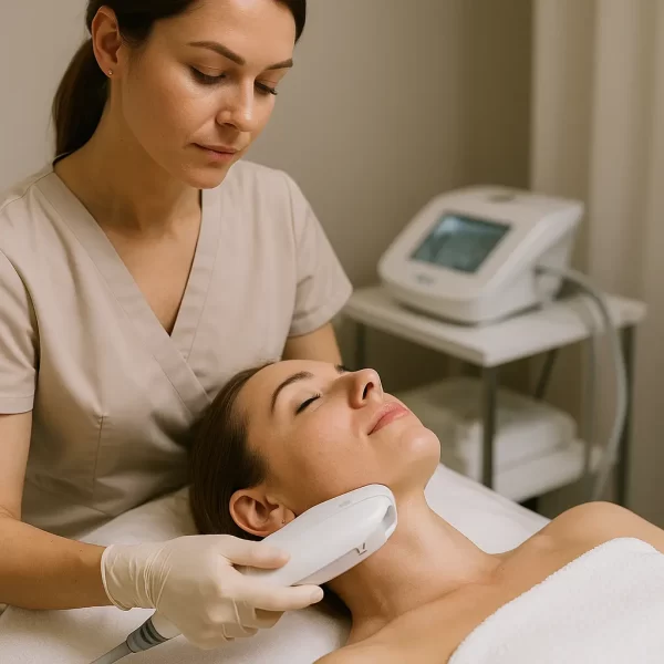 Esthetician performing Ultraformer III HIFU neck treatment on client to lift and tighten skin in a calm spa environment